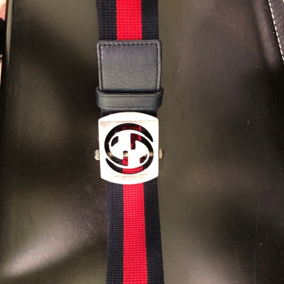 Gucci Navy Blue Red Canvas Belt - Picture 2 of 4
